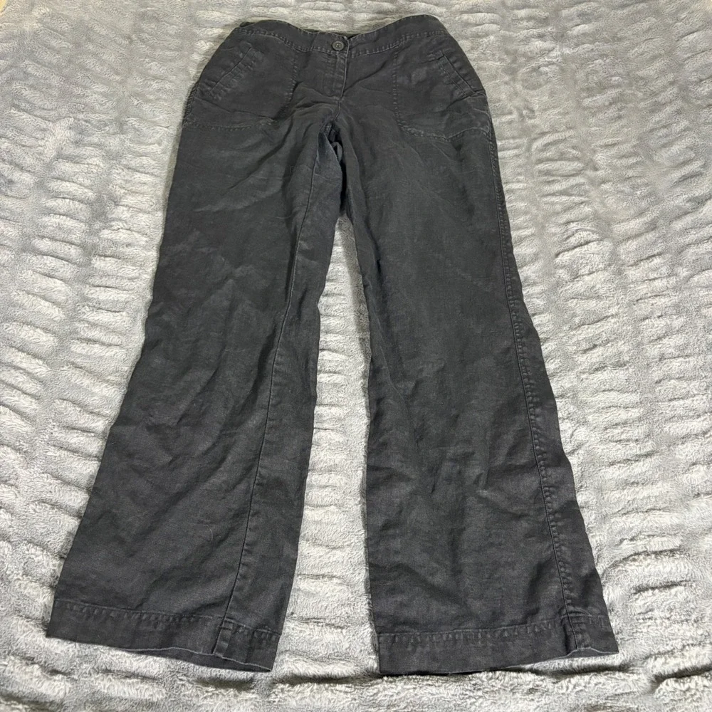 Chicos 0 Black 100% Linen Wide Leg Pants Mid Rise Elastic Back Casual AQ669